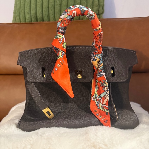 Birkin-Style Structured Tote Bag with Gold Hardware & Twilly Handle Wrap - Picture 1 of 6